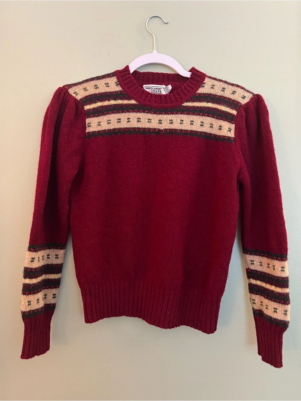 Vintage 1970s 1980s Shetland Wool Burgundy Fair Isle Sweater with Puff Sleeves